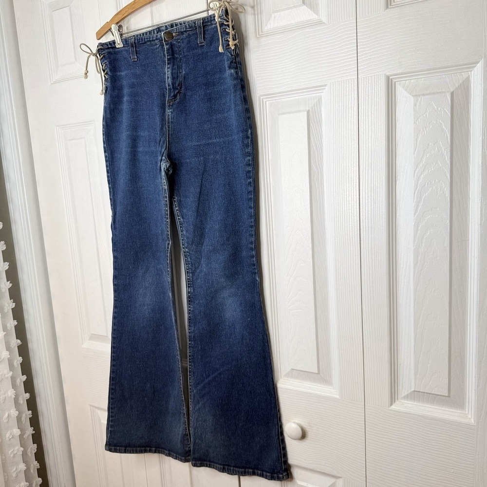Vtg Y2K Mudd Lace Up Side Flare Jeans Size 16 Blue Dark Wash Boho Festival Bell - Picture 2 of 13